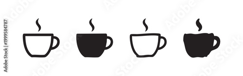 Hot coffee mug icon set. Steaming tea cup symbol in different styles. Beverage drink line art and solid glyphs on white background.