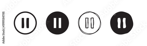 Pause button icon set. Stop or hold symbol in different styles. Media player control line art and solid glyphs on white background.