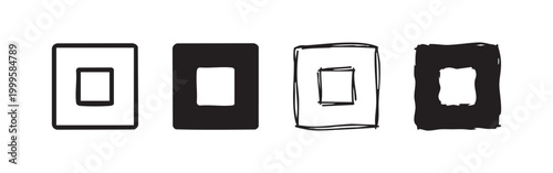 Picture-in-picture icon set. Full screen mode symbol in different styles. Display window line art and solid glyphs on white background.