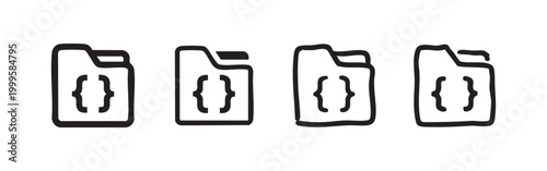 Code folder icon set. Programming file directory symbol in different styles. Software development line art and solid glyphs on white background.