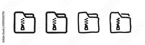 Zipped folder icon set. Compressed file archive symbol in different styles. Data compression line art and solid glyphs on white background.
