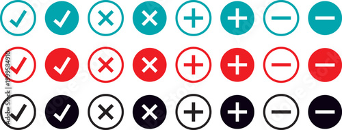button set with plus, minus, check mark, and close icons, featuring professional vector symbols. flat style plus, minus, and close interface icons, high-performance vector illustrations
