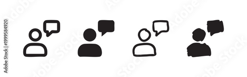 Hand drawn user chat icon set. Black person and speech bubble symbols on white background. Doodle style communication collection.