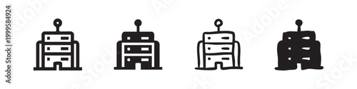 Hand drawn building icon set. Black skyscraper and city symbols with antenna on white background. Doodle style architecture collection.