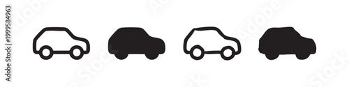 Hand drawn car icon set. Black automobile and vehicle symbols on white background. Doodle style transportation collection for UI.