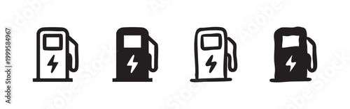 Hand drawn electric vehicle charging station icon set. Black EV charger symbols on white background. Doodle style eco-friendly collection.