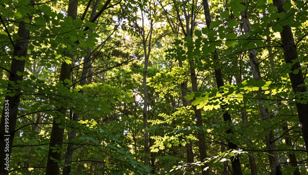 Fototapeta premium Sunlight filters through the canopy of a dense forest creating dappled light on leaves and branches