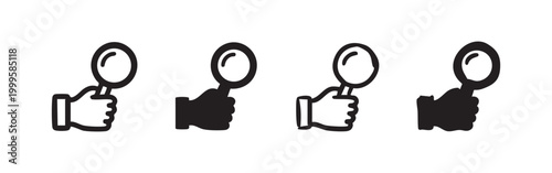 Hand holding magnifying glass icon set. Search and investigation symbols in outline, filled, and hand-drawn styles.