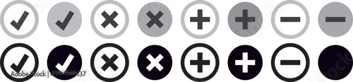 button set with plus, minus, check mark, and close icons, featuring professional vector symbols. flat style plus, minus, and close interface icons, high-performance vector illustrations
