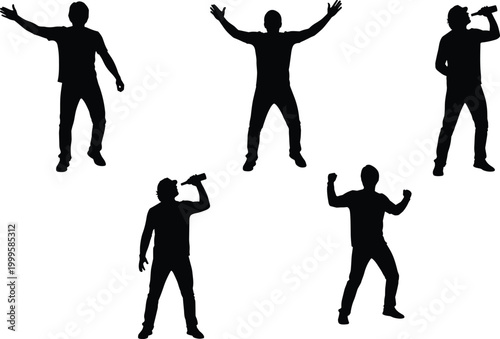 Silhouette collection of a man drinking beer from a bottle and celebrating with raised arms isolated on a white background