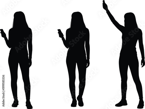 Silhouette collection of a young woman using a smartphone and raising her arm for signal isolated on a white background