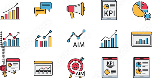 Set of colorful business icons showing growth charts marketing strategy and performance analytics