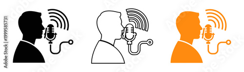 Three silhouettes of a person speaking into a vintage microphone