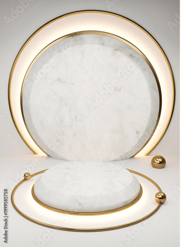 White round marble podium for cosmetic product presentation. 