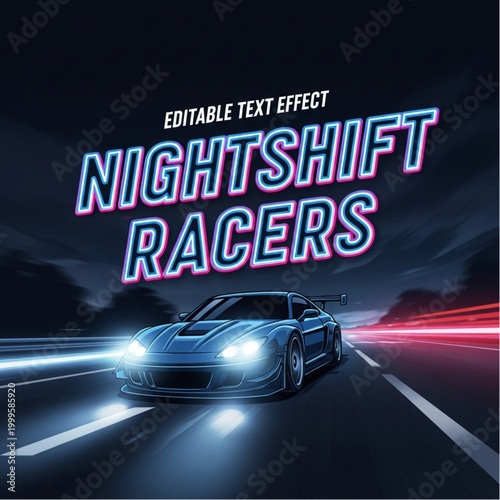 Blue sports car racing at night on a highway with neon lights and motion blur effect.