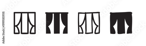 Set of hand-drawn curtains icons in outline and solid styles. Drapes for window decoration and home interior.