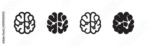 Set of hand-drawn brain network icons in outline and solid styles. Intelligence, thinking, or neural connection concept.