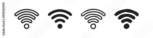 Set of hand-drawn Wi-Fi signal icons in outline and solid styles. Wireless internet connection symbol.