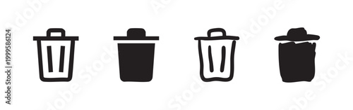 Trash can delete icon set, rubbish bin symbol for removal and waste management, user interface element.