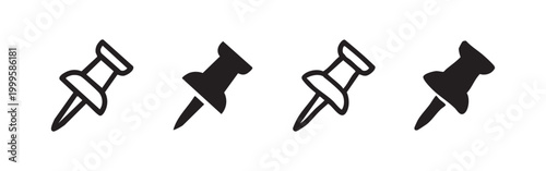 Pushpin thumbtack icon set, office supplies and notice board symbol, important memo reminder.