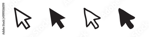 Mouse cursor icon set, pointer sign in hand drawn and solid styles, vector illustration isolated on white background