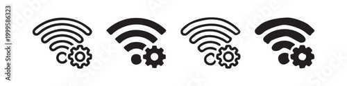 Set of four Wi-Fi signal icons with gear symbols, indicating network settings and configuration.