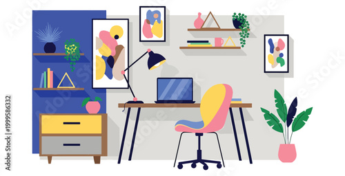 Modern home office workspace with a desk laptop chair and colorful wall art decorations