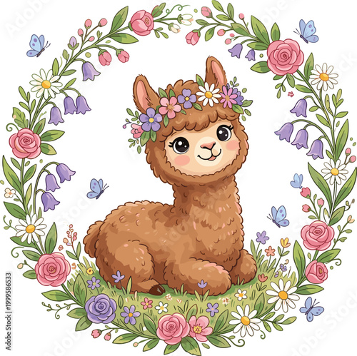 Cute alpaca cartoon with flower crown and floral wreath, whimsical artwork decorative vector illustration element for nursery, kids print, and kawaii design