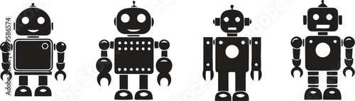 Four black robot icons with different designs