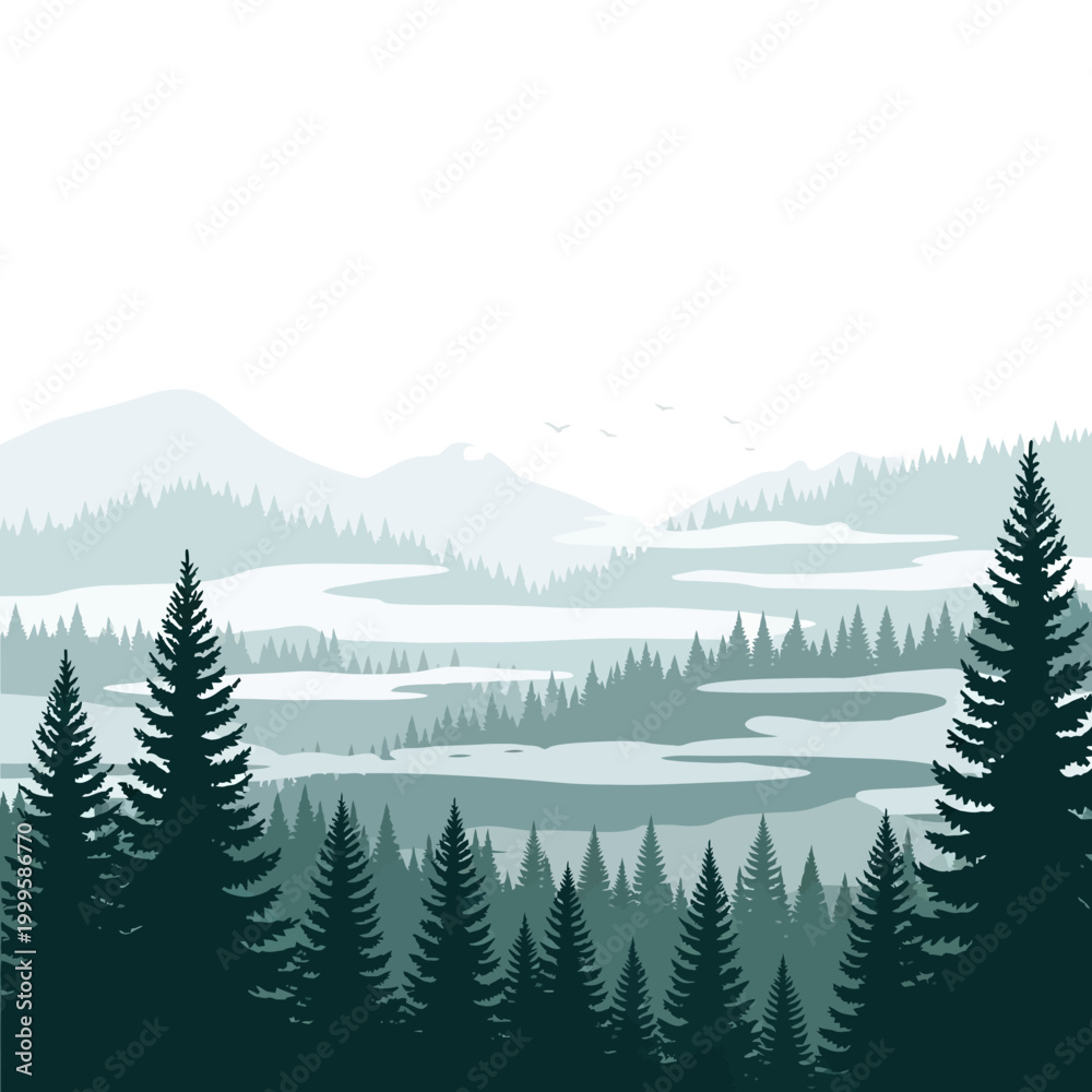 Fototapeta premium Serene Mountain Lake Landscape with Pine Forest Silhouette
