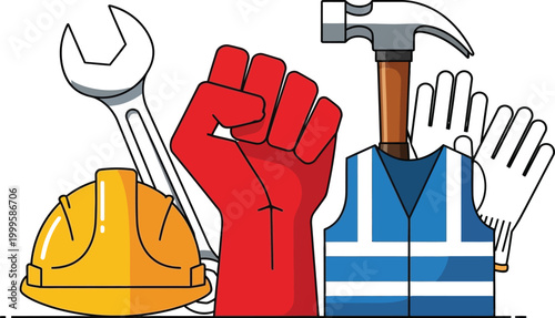 International Labour Day illustration with construction tools, hard hat, safety vest, gloves, wrench, hammer, and raised fist symbol in flat line art style.