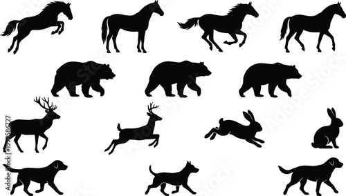 Horse bear deer rabbit dog icons in running standing leaping poses, animal silhouettes artwork decorative vector illustration element for wildlife and nature design