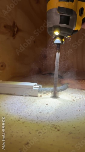 Extreme close up of an electric drill making a hole in a wooden board