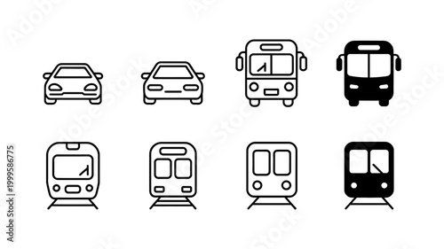 Set of front view transportation vehicle icons including cars buses trains with transport vehicles passenger