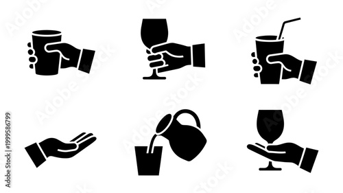 Diverse hand icons illustrating interaction with drinkware and beverage pouring actions beverage container