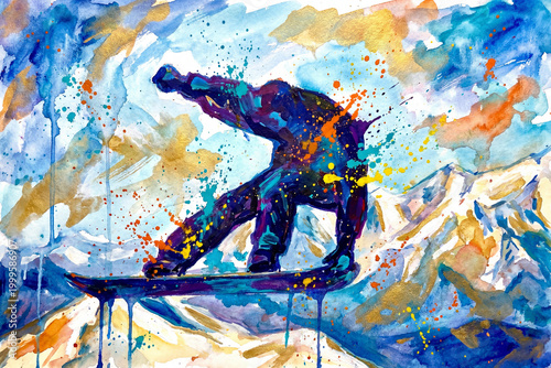 snowboarder in alpine mountains, dynamic winter sports action in watercolor style, snowboarding illustration with motion and energy, adventure and extreme sport concept