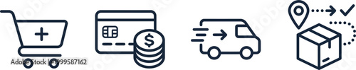E-commerce delivery process with shopping cart, payment, and package tracking