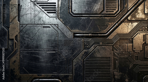 Futuristic industrial metal panel texture with scratched spaceship hull surface and circuit patterns background