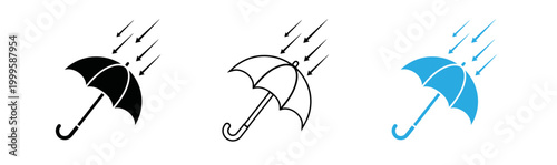 Three blue umbrellas shielding from raindrops in a minimalist illustration