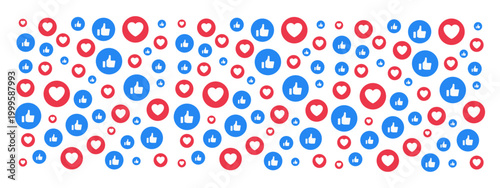 Social media reaction Icons. Facebook likes set of thumbs and hearts. Facebook like icons. Vector icons. Editorial use only.