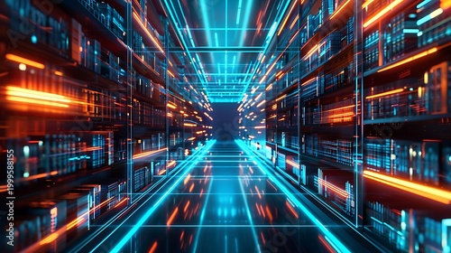 Futuristic Neon Library: Digital Data, Cybersecurity, and Technology in a Vibrant Sci-Fi Landscape
