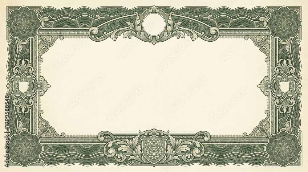Fototapeta premium Vintage ornate certificate border frame with classic green money engraving pattern and blank space