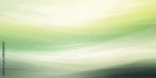 Abstract green abstract landscape with sun rays over ocean horizon, bright summer sky with clouds, soft motion, blue water and sunrise sunset light background illustration texture