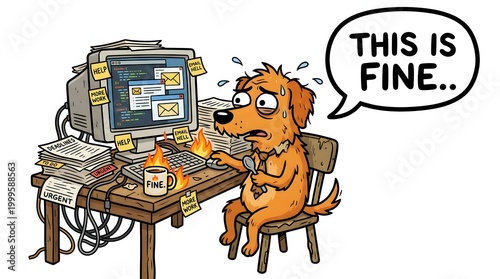Embroiled Canine’s Dilemma: A canine sits amidst chaos, surrounded by fiery computer components, with a nonchalant declaration of This is Fine.
