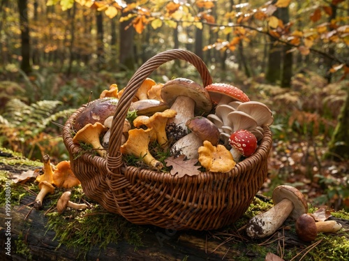 Wicker Basket Full of Fresh Wild Mushrooms on Wooden Table in Forest