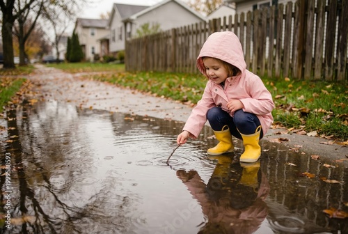 Child in Orange Rain Boots Jumping in Puddle and Splashing Water on Rainy Day