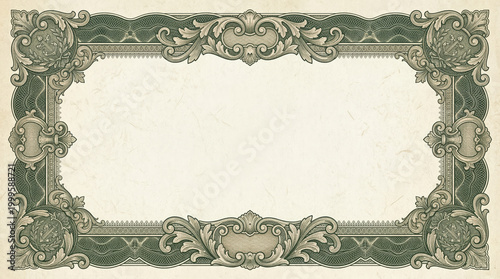 Vintage ornate certificate border frame with classic money engraving pattern and blank aged paper background