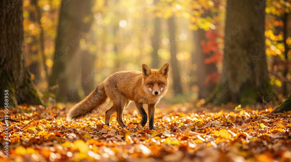 Fototapeta premium Wild red fox standing among beautiful golden fallen leaves in an autumn forest with sun rays