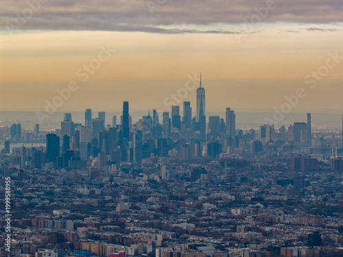 Aerial view over Canarsie toward Manhattan skyline - New York, US