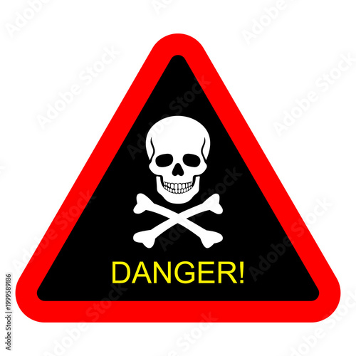 Skull and crossbones warning icon, toxic danger triangle, hazardous safety sign vector